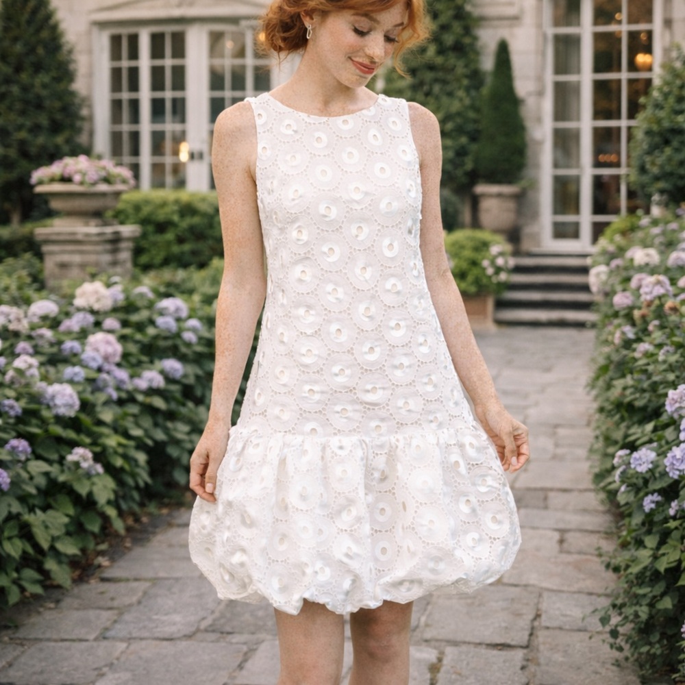 Tibi White Cotton Eyelet Embroidered Flounce Hem Sleeveless Mini Dress Size 2